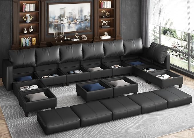 Ease MOOSEO versized Sectional Sofa Modular Couch with Reversible Chaises, Black Faux Leather Sectional Sofa U Shaped Sectional Couch with Storage Large Sleeper Sectional Modular Sofa
