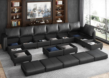 Ease MOOSEO versized Sectional Sofa Modular Couch with Reversible Chaises, Black Faux Leather Sectional Sofa U Shaped Sectional Couch with Storage Large Sleeper Sectional Modular Sofa