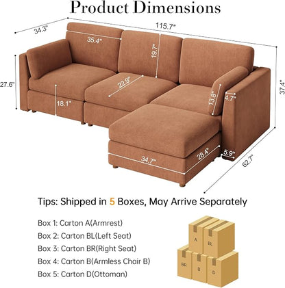 Oversized Modular Sectional Sofa L-Shaped Cloud Couches Brown | 116'' Deep Seat Couch for Living Room, 4-Seater Luxury Corner sofa with Ottoman, Solid Wood Frame, Removable Washable Cover