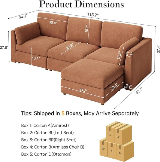 Oversized Modular Sectional Sofa L-Shaped Cloud Couches Brown | 116'' Deep Seat Couch for Living Room, 4-Seater Luxury Corner sofa with Ottoman, Solid Wood Frame, Removable Washable Cover