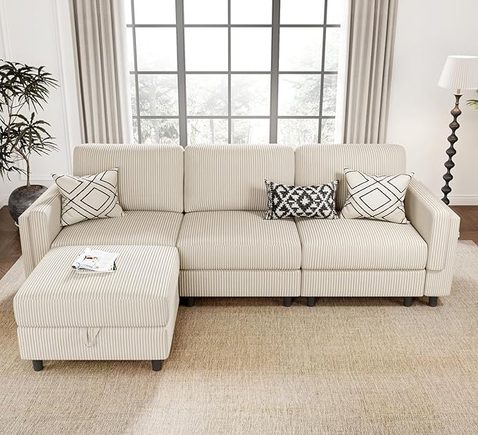 KKL Modular Sectional Sofa Bed with Storage Ottoman, Convertible L/U-Shaped Sleeper Couch for Living Room, Modern Reversible Design (Beige, 4 Seat L Shape)