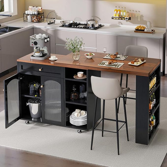 LYNCOHOME 71.1" Rolling Kitchen Island with 360° Rotating Tabletop, Mobile Lockable Wheels & Adjustable Shelves, Multifunctional Storage Cart for Kitchen & Dining（Black）