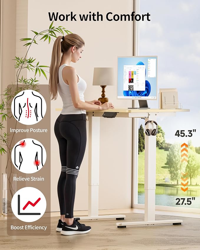 Okin Standing Desk Electric Adjustable Computer Whole Piece Stand up Desk with Wheels Office Gaming Home Office Memory Desks 48x24 inches Cream Brown