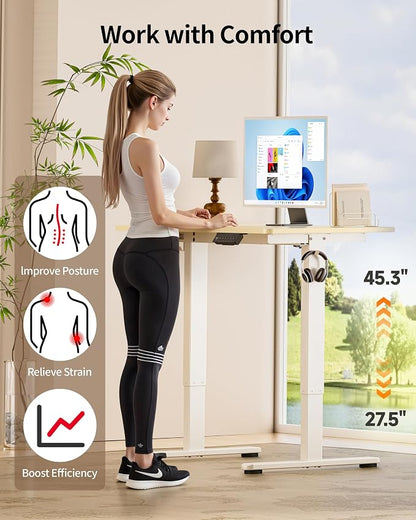 Okin Standing Desk Electric Adjustable Computer Whole Piece Stand up Desk Office Gaming Home Office Memory Desks 48x24 inches Cream Brown