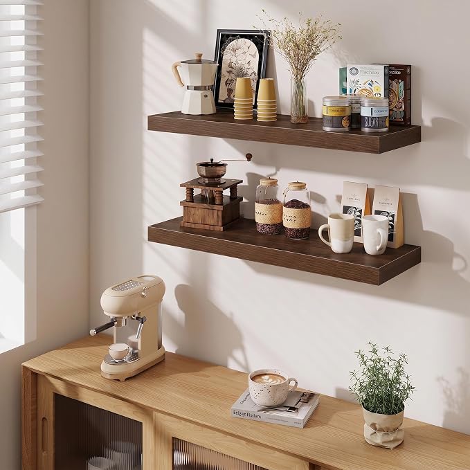 Fun Memories Floating Shelves for Wall, 32 Inch Long Floating Shelves Set of 3, 32 x 10 Wooden Shelves for Wall, Large Storage Shelves, Hanging Shelves for Bathroom Kitchen Bedroom, Walnut
