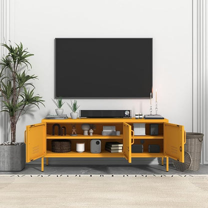 3 Door TV Standwith Storage Locke Metal TV Cabinet with 2-Tier Multi-Purpose Lockable Wide Storage Cabinet, Media Console Table with Metal Legs for Living Room, Bedroom,Office,Yellow