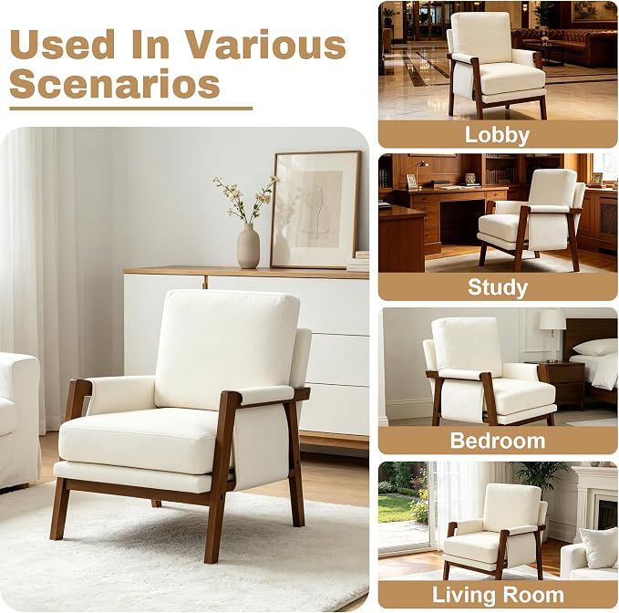 RNKSFX Accent Chairs for Living Room Set of 2, Modern Arm Chairs for Bedroom, Wooden Upholstered Mid Century Accent Chairs, Cream White