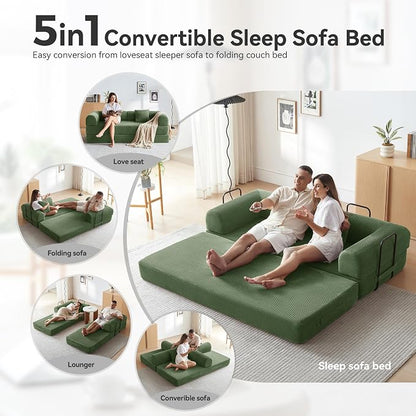 Convertible Floor Sofa Bed with Fixed-Shape Frame, King Size Floor Sleeper 5-in-1 DIY Combination Modular Sofa, Modular Chenille Folding Mattress Couch for Living Room Bedroom Playroom (Green)