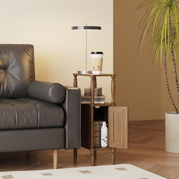 Veegle Narrow Nightstand,Skinny End Side Table (Walnut Brown) | Mid-Century Modern Night stand with Storage,Bedside Table for Bedroom and Living Room