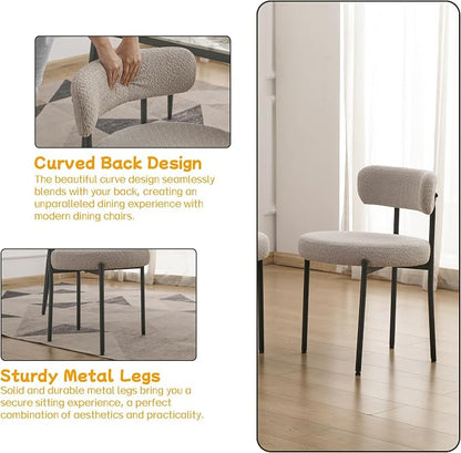 EDWELL Boucle Dining Chairs Set of 2, Round Upholstered Dining Room Chairs with Black Metal Legs, Modern Kitchen Dining Room Chairs for Kitchen, Living Room