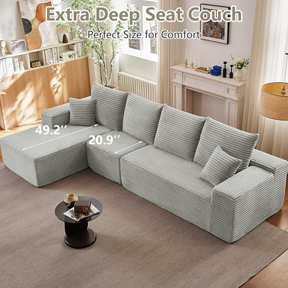 135" Cloud Sectional Couch with L-Shape Chaise, Upholstered Corduroy Couches Sleeper Chaise Longue, Modern Modular Comfy Deep Seat Sofa for Living Room Bedroom, No Assembly Required, Grey