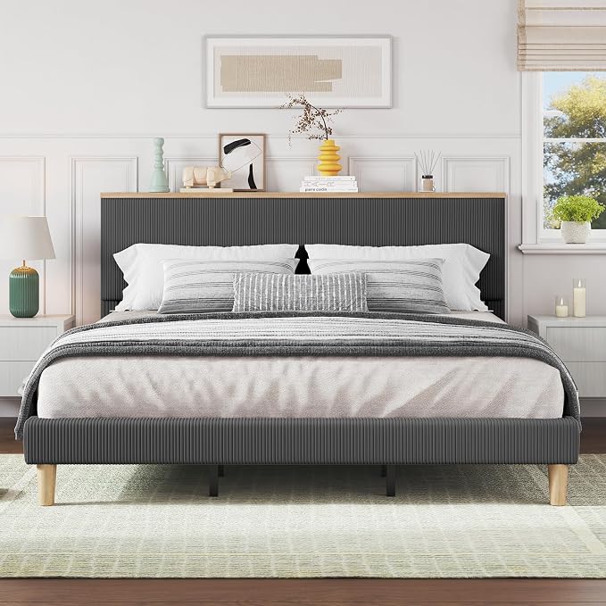 Bestier Queen Bed Frame with Adjustable Headboard & LEDLighting, Corduroy Upholstered Platform Bed Frame withStorage Shelf, Solid Wood Slats, No Box Spring Needed,Never Squeak, Easy Assembly, Grey