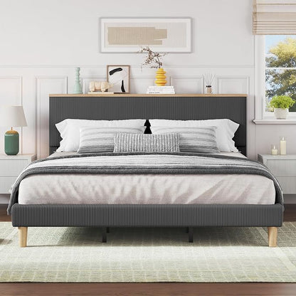 Bestier Queen Bed Frame with Adjustable Headboard & LEDLighting, Corduroy Upholstered Platform Bed Frame withStorage Shelf, Solid Wood Slats, No Box Spring Needed,Never Squeak, Easy Assembly, Grey