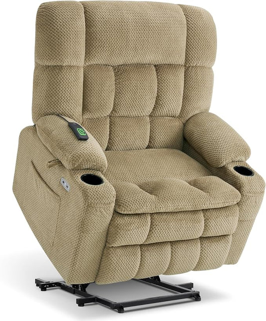 MCombo Extra Wide Dual Motor Power Lift Recliner Chair for Elderly, Zero Gravity Lift Chair with Heat and Massage, Infinite Position Recliners for Big Man, USB Ports, Fabric R7897 (Medium-Wide, Beige)