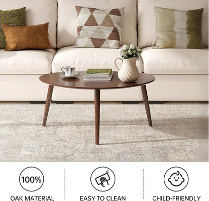 Small Oval Coffee Table, 33.5" Mid Century Modern Coffee Table for Living Room, 100% Solid Oak Wood Side Table, Minimalist Display Center Table (Walnut Color, 33.46''Wx22.83''Dx15.74''H)