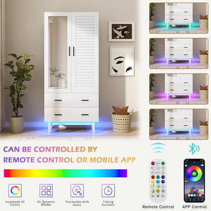 jiteentarou 2 Door Armoire Wardrobe Closet Cabinet with Drawers and LED Lights, Multi-Tier Shelves, Hanging Rod & 2 Louver Doors, Large Capacity Storage Wardrobe Armoire for Bedroom(2 Doors White)
