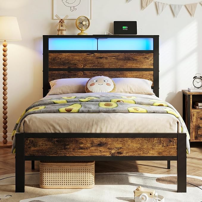 Twin Bed Frame with LED Lights & USB Charging Station, Brown Metal Platform Bed with Storage Headboard, Under-Bed Space, Noise-Free & Sturdy, No Box Spring Needed, Easy Assembly