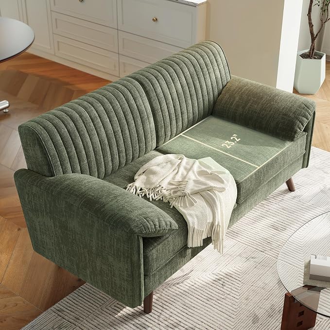 ONBRILL 64.5" Loveseat Sofa, Chenille Loveseat Couch for Living Room, 23.2" Deep Seat Love Seat with Padded Arms, Comfy Modern Small Couches for Bedroom, Small Spaces, Dorms, Office, Green