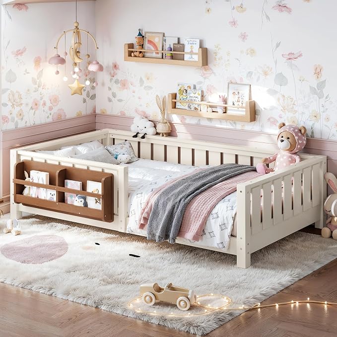 Bellemave Twin Size Montessori Floor Bed with Rails and Slats, Twin Size Floor Bed with Bookshelf and Fence, Low Profile Montessori Beds Frame for Girls, Boys, Beige