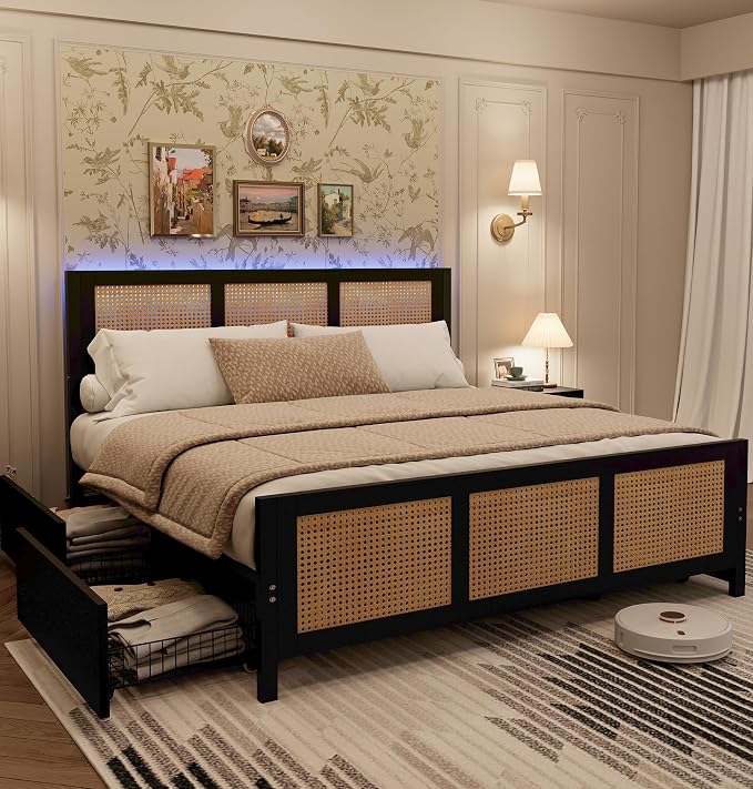 IDEALHOUSE Rattan Bed Frame with Storage Drawers, Boho Full Size Led Bed Frame with Strong Metal Slats Support, No Box Spring Needed, Noise-Free Design, Black