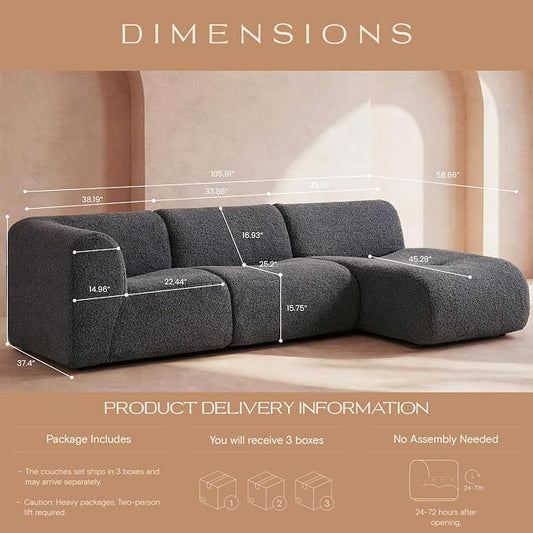 Curved Sectional Modular Couch with Chaise, Modern 105.91'' Boneless Sofa with Deep Seat, Sherpa Boucle Cloud Couch for Living Room, Cozy Teddy L-Shaped Couches, No Assembly, Gray