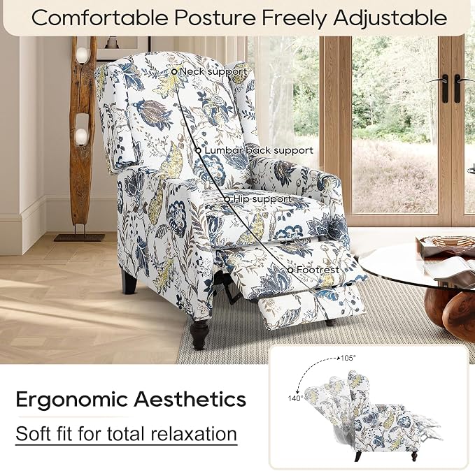 Upholstered Wingback Recliner Chair, Mid Century Modern Manual Push Back Recliner for Living Room, Bedroom (1, Blue & White Floral)