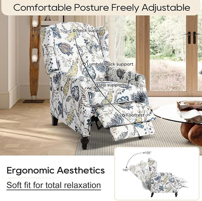 Upholstered Wingback Recliner Chair, Mid Century Modern Manual Push Back Recliner for Living Room, Bedroom (1, Blue & White Floral)