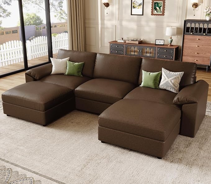 EASE MOOSE Deep Seat Sectional Couch, Scratch Resistant Faux Leather Material, 5-Seat Oversized Modular Sofa for Living Room,U Shaped Classic Comfy Sofas for Living Room,Deep Brown