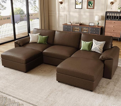 EASE MOOSE Deep Seat Sectional Couch, Scratch Resistant Faux Leather Material, 5-Seat Oversized Modular Sofa for Living Room,U Shaped Classic Comfy Sofas for Living Room,Deep Brown