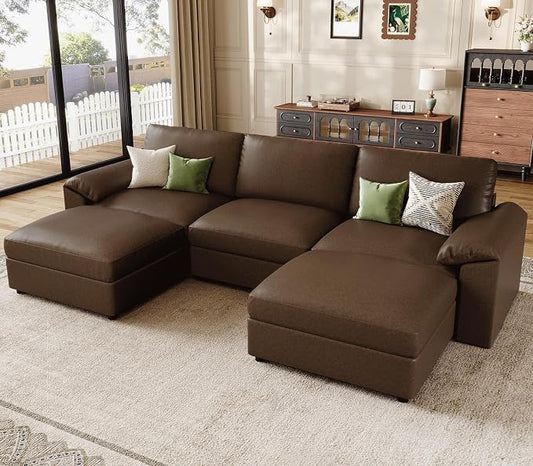 EASE MOOSE Deep Seat Sectional Couch, Scratch Resistant Faux Leather Material, 5-Seat Oversized Modular Sofa for Living Room,U Shaped Classic Comfy Sofas for Living Room,Deep Brown