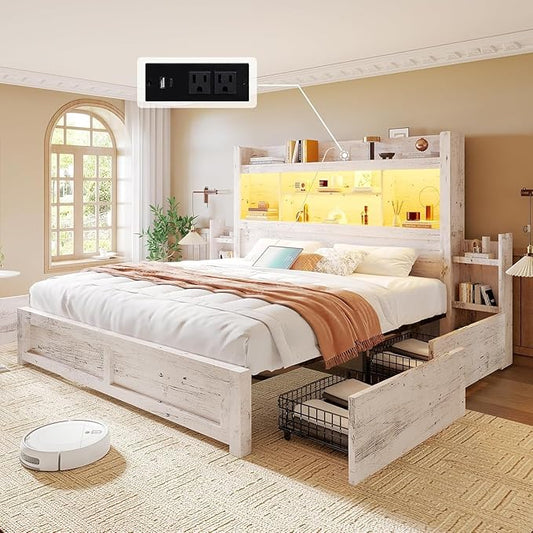 LUXOAK California King Bed Frame with 49.6" Bookcase Headboard & 2 Bedside Stoage Racks & 4 Drawers, Farmhouse Wood Bed Frame with RGB LED & Charging Station, No Box Spring Needed, Distressed White