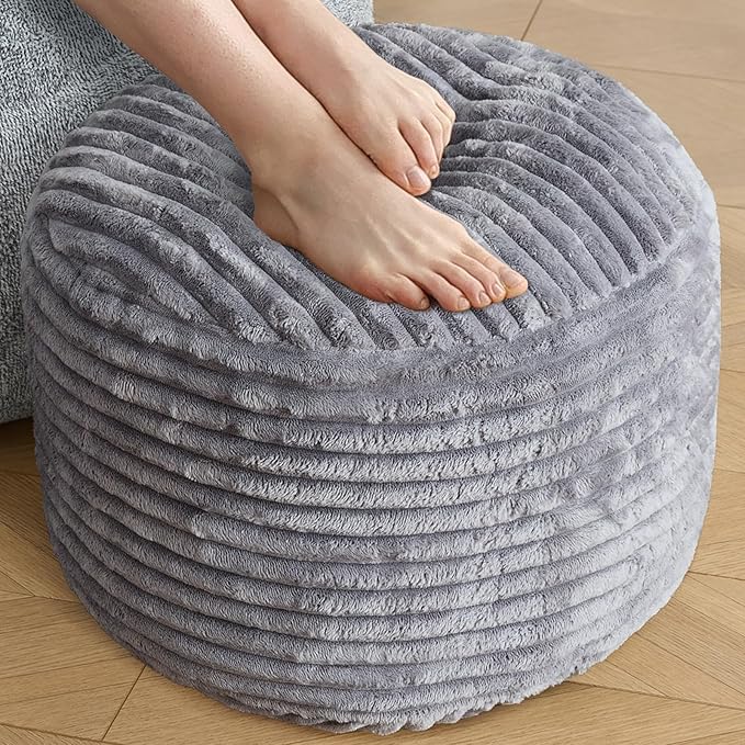 SHOUREN Stuffed Round Ottoman,Corduroy Pouf Ottoman Foot Rest with Foam Filling,Pouf Storage Ottoman Footstool for Living Room,18 X 14 Floor Poufs for Couch,Footrest Only - 18 X 14 Inches,Dark Grey