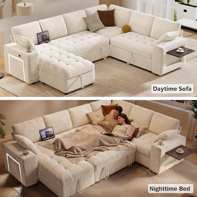 Vipbear 111" Modular Sectional Sleeper Sofa with Pull Out Bed, 7 Seat Chenille L Shaped Couch with Storage Chaise|USB Ports|Cup Holders|Side Table|LED Light, Tool Free Assembly, Beige