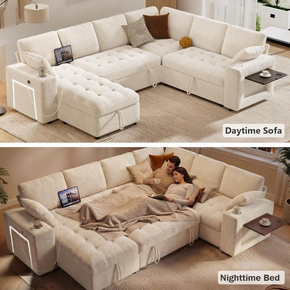 Vipbear 111" Modular Sectional Sleeper Sofa with Pull Out Bed, 7 Seat Chenille L Shaped Couch with Storage Chaise|USB Ports|Cup Holders|Side Table|LED Light, Tool Free Assembly, Beige