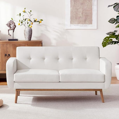 HUIMO Sofa Couch, Mid Century Modern Sofa with Solid Wood Frame, Button Tufted Couch for Bedroom, Living Room, Office, Apartment (White, 60 inch)