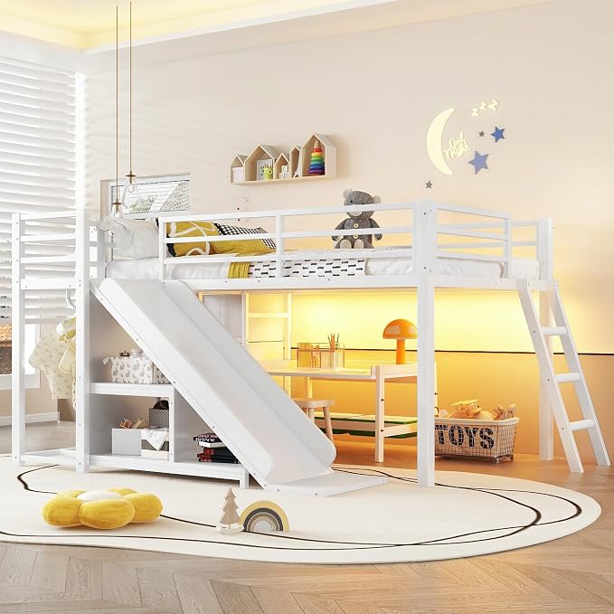 Bellemave Twin Size Low Loft Bed with Slide & 7 Fabric Storage Drawers,Metal Loft Bed Frame with Shelves and LED Lights for Boys Girls,Kids Loft Bed Twin,White