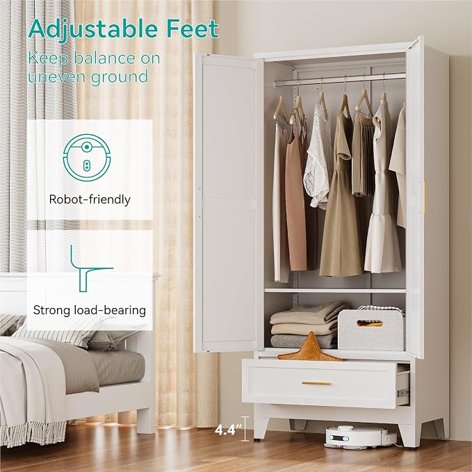 71" Tall Metal Armoire Wardrobe Closet,17.7" Deep By 31.5" Wide Portable Closet for Hanging Clothes,Wardrobe Cabinet with Drawer and Shelve for Bedroom Office Garage,White 1 Pack
