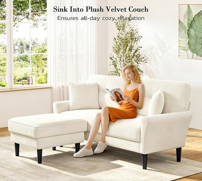 Kidirect Small Sectional Couch, 69" L Shaped Couch, Sectional Sofa, White | Comfy Velvet Couch, Tool-Free Setup, 750lb Max Load, Movable Ottoman, Ideal for Living Room, Bedroom, Apartment, Office