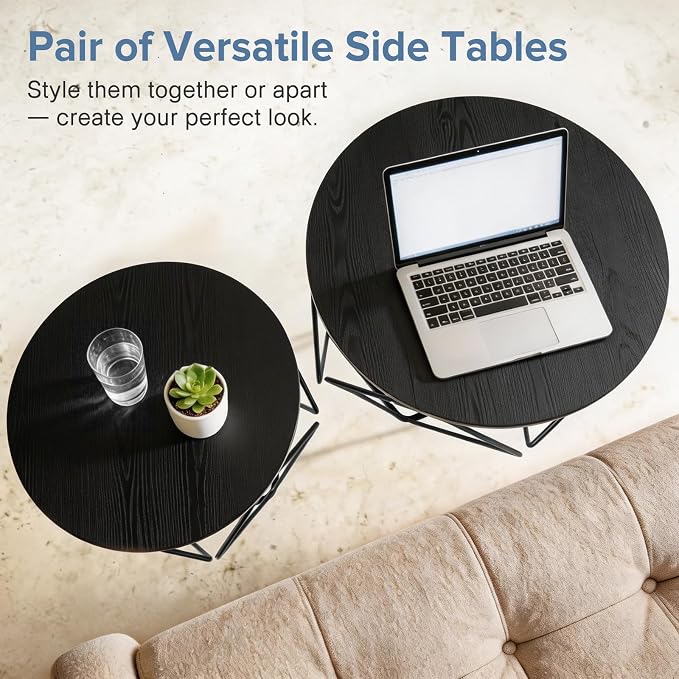 DUMOS Modern Geometric 2Pack Coffee Table, Round Nesting Side Tables with Hidden Storage, Movable End Tables for Living Room Decor & Practical Use Black