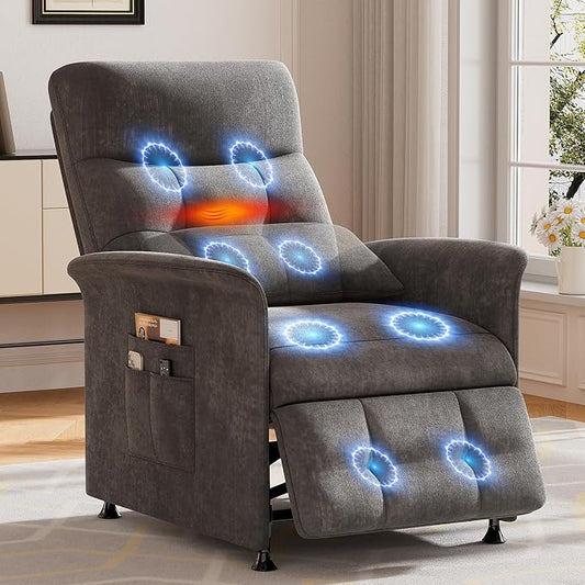 Power Recliner Chair for Adults with Heat & Massage - Soft Fabric Electric Reclining Sofa with Remote Control, 3 Side Pockets, 180° Lay Sleeper for Home Theater Living Room, Dark Grey