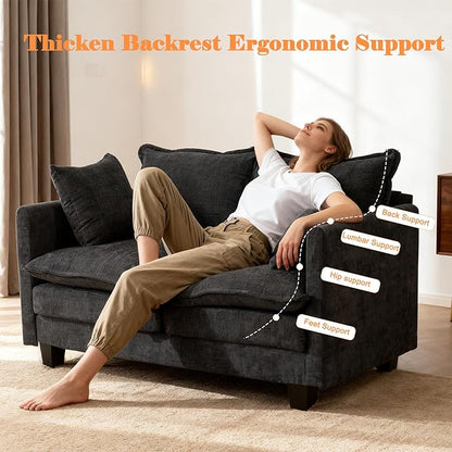 50'' Loveseat Sofa Cloud Sofa Couch, Modern Loveseats 2 Seat Couch 27" Deep Seat with 2 Pillows for Small Spaces Apartment Studio Office Bedroom Living Room, Black