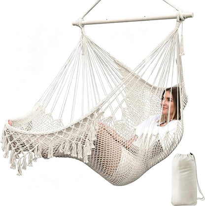 Chihee Hammock Chair Handmade Hanging Chair Cotton Rope Woven Hanging Seat Soft-Spun Large Stretch Hammock Swing, Collapsible Strong Metal Spreader Bar Elegant Macrame Comfort Indoor Outdoor Garden