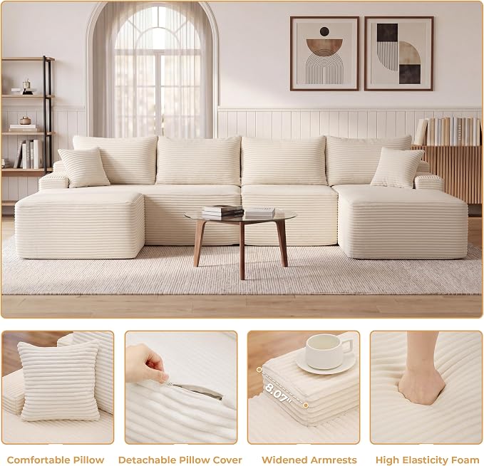 Mangodan 118'' Cloud Sectional Couch, U Shaped Boneless Couches for Living Room, Modular Sectional Sofa with Deep Seat Right Facing Chaise, Comfy Cloud Couch Sofa, Beige