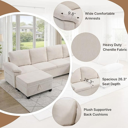 108" Modular Sectional Sofa Bed with Storage, L Shaped Pull Out Couch, Removable Chenille Sofa Cover for Living Room(Beige, 7 Seat)