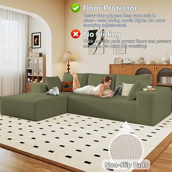 96" Modular Sectional Sofa, Modern Corduroy Cloud Couch with Deep Seat, Boneless Couch Upholstered 3-Seater L-Shaped Sofa for Living Room, No Assembly Required (Green, Left-Facing Chaise)