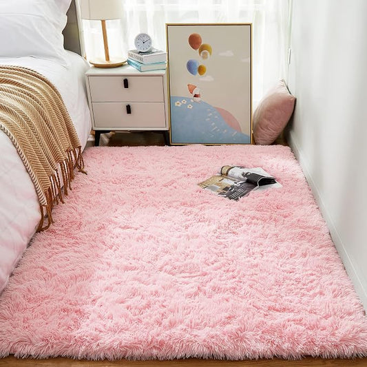 Ophanie 3x5 Pink Rug, Bedside Preppy Dorm Area Rug, College Essentials Non Slip Small Carpets for Bedroom, Anti Slip Fluffy Living Room Rugs Home Decor Aesthetic, Nursery with Over 99 pcs Pile fibers