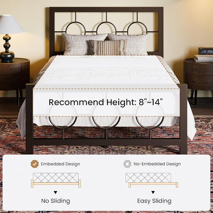SHA CERLIN Twin Metal Bed Frame with Vintage Circular Design Headboard and Footboard, No Box Spring Required, Easy Assembly, Noise-Free,Brown