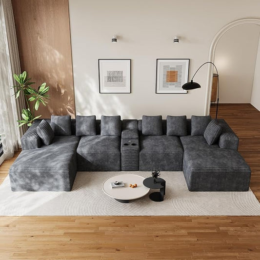 143" Oversized U Shaped Cloud Sectional Couches for Living Room, Comfy Fluffy Corduroy Dark Grey Boneless Couch, Large Modular Sectional Sofa Set with Chaise, Cup Holder, USB Port, Storage Console