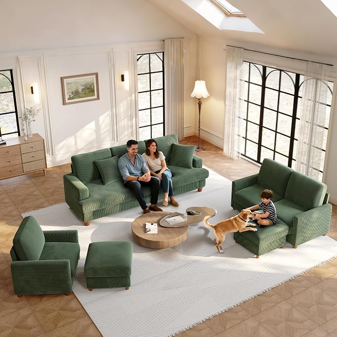 Welzona 87.2" Couches for Living Room, Comfy L Shaped Couch Green 7.5" Thicker Cushion, Sofas for Living Room Tool-Free Setup, Loveseat with Ottoman 848lbs Support, Corduroy Couch for Bedroom, Office