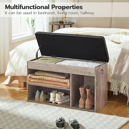 HOOBRO Shoe Storage Bench with Cushion, 32.3'' Entryway Bench with Lift Top Hidden Storage and Adjustable Shelves, Wooden Shoe Rack Bench for Entryway Bedroom, Rustic Brown and Black BG40HX01